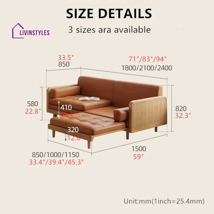 Leathaire Sofa Bed With Rattan Weaving Wooden Frame