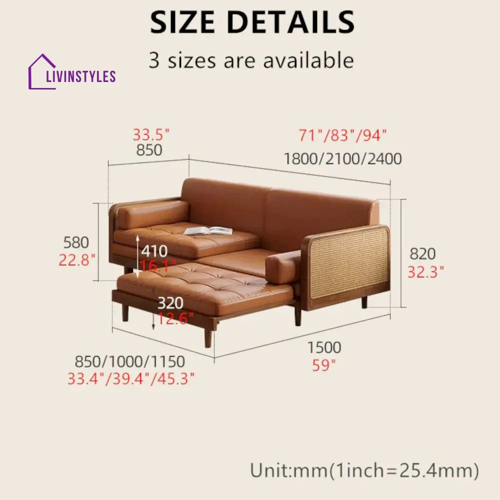 Leathaire Sofa Bed With Rattan Weaving Wooden Frame