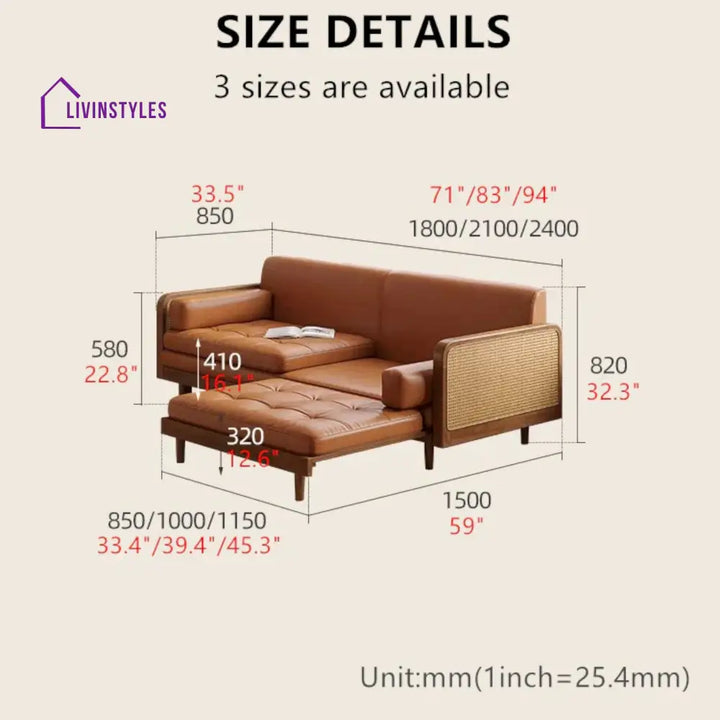 Leathaire Sofa Bed With Rattan Weaving Wooden Frame