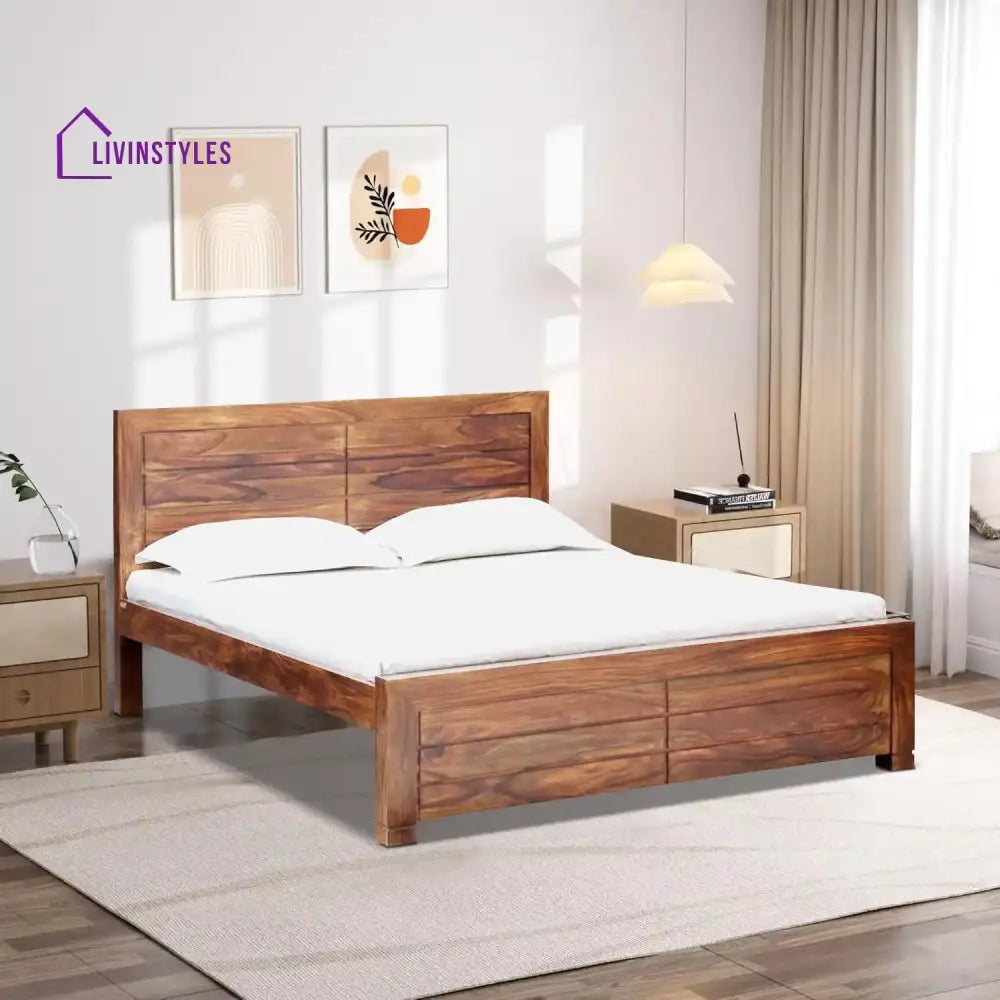 Moscow Contemporary Sheesham Wood Beds Queen / Natural Bed without storage