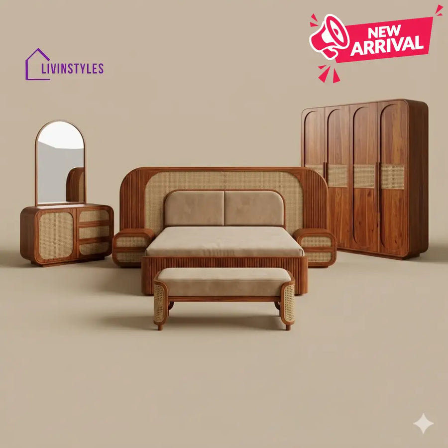 Vansh Solid Sheesham Wood Bedroom Set with Bed Bedside Tables Bench Wardrobe & Dresser