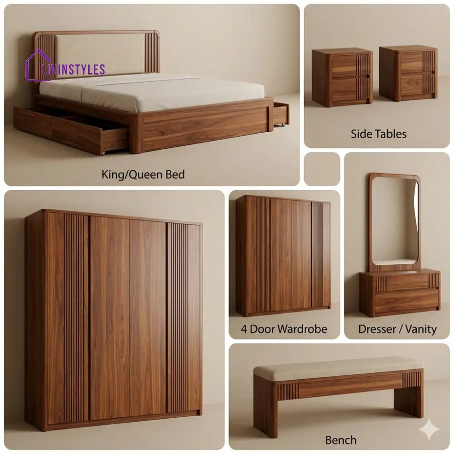 Vansh Solid Sheesham Wood Bedroom Set with Bed Bedside Tables Bench Wardrobe & Dresser