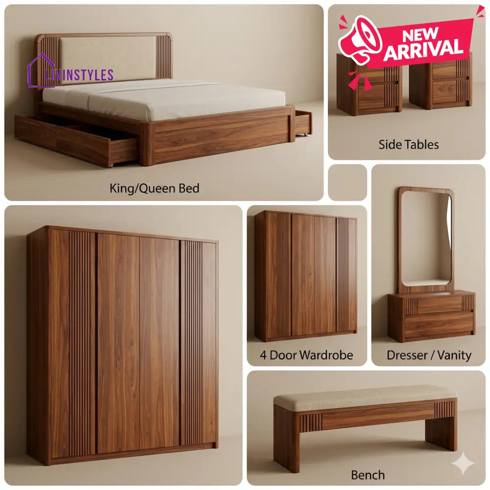 Vansh Solid Sheesham Wood Bedroom Set with Bed Bedside Tables Bench Wardrobe & Dresser