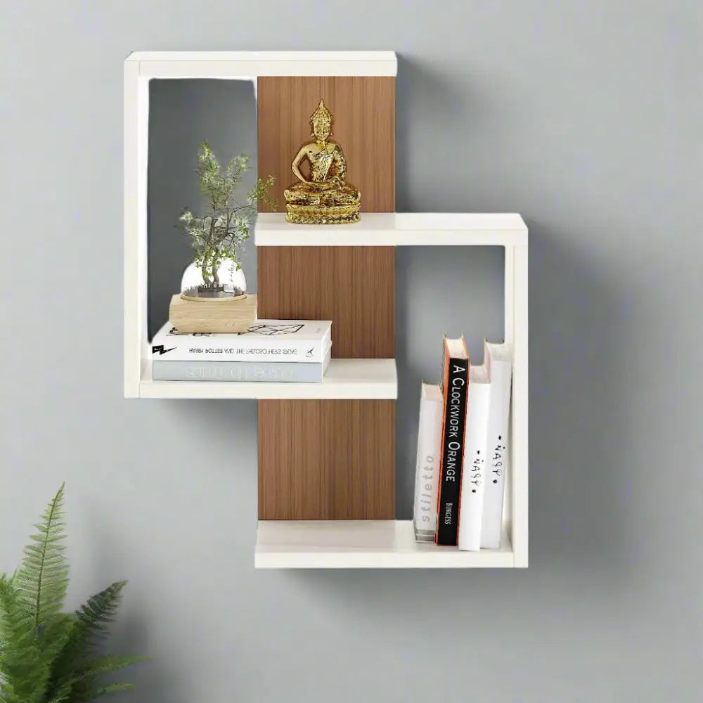 Vanya Multipurpose Wall Shelf & Display Rack - White and Exotic Teak Display Shelf
