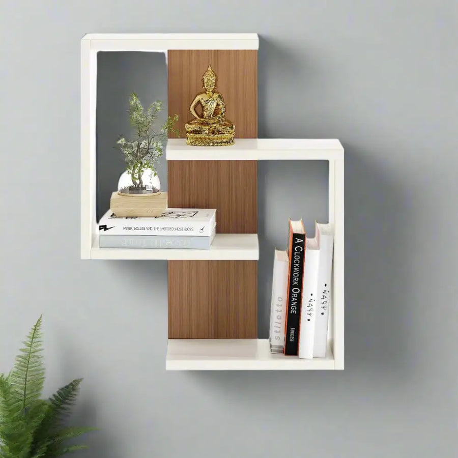 Vanya Multipurpose Wall Shelf & Display Rack - White and Exotic Teak Display Shelf