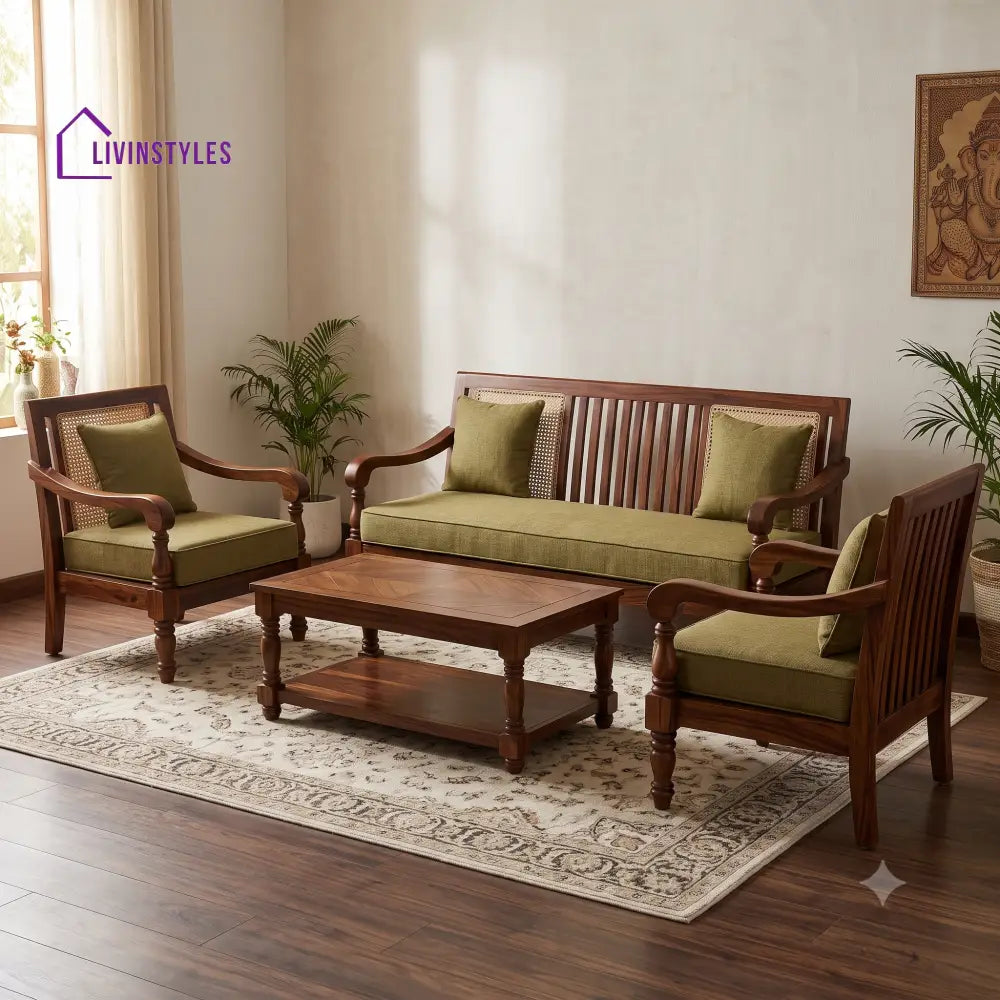 Varshini Wooden Sofa Set | 3 + 1 + 1 Sheesham Wood Sofa Set for Living Room