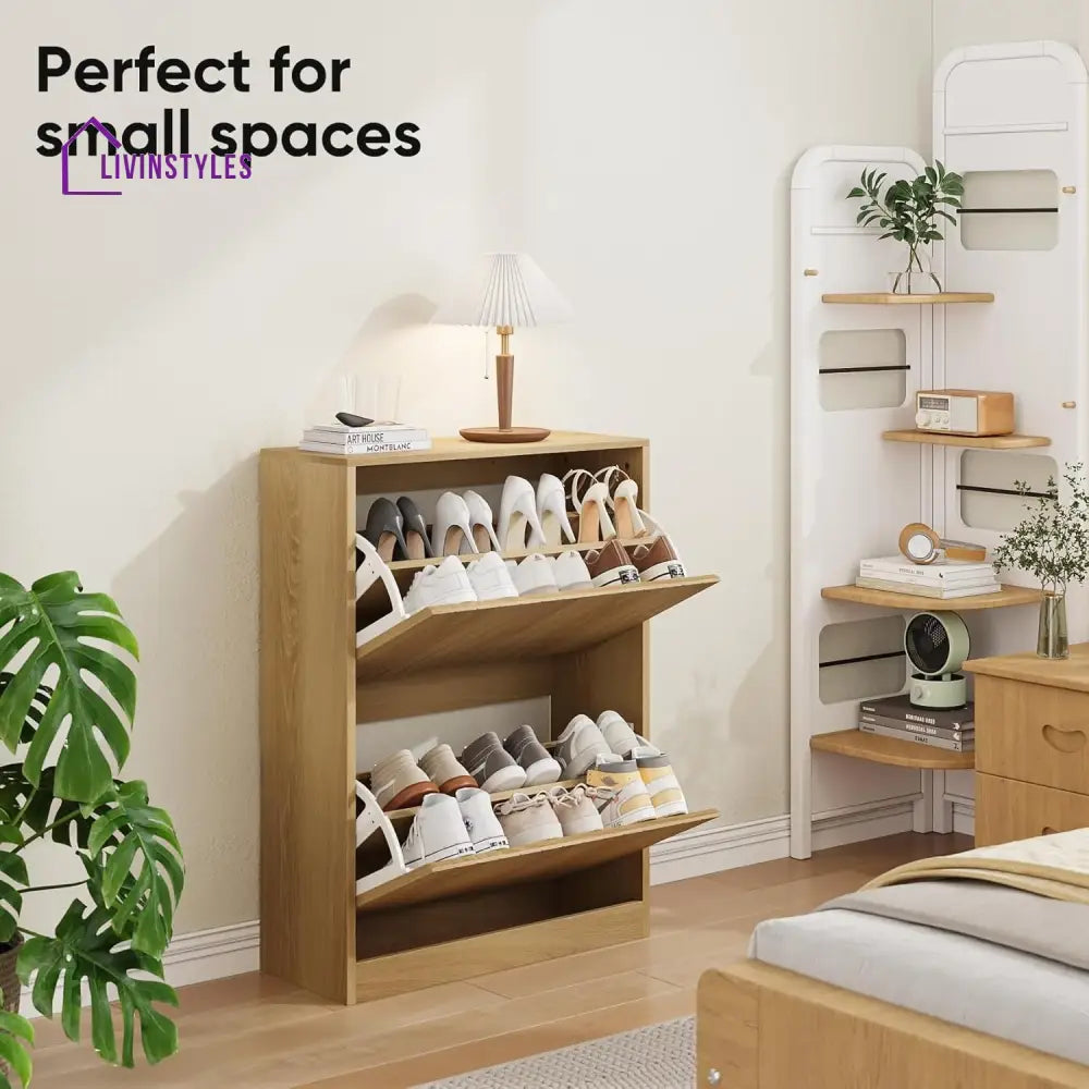 Varya Teak Finish Finish Shoe Rack | Slim Shoe Rack for Home