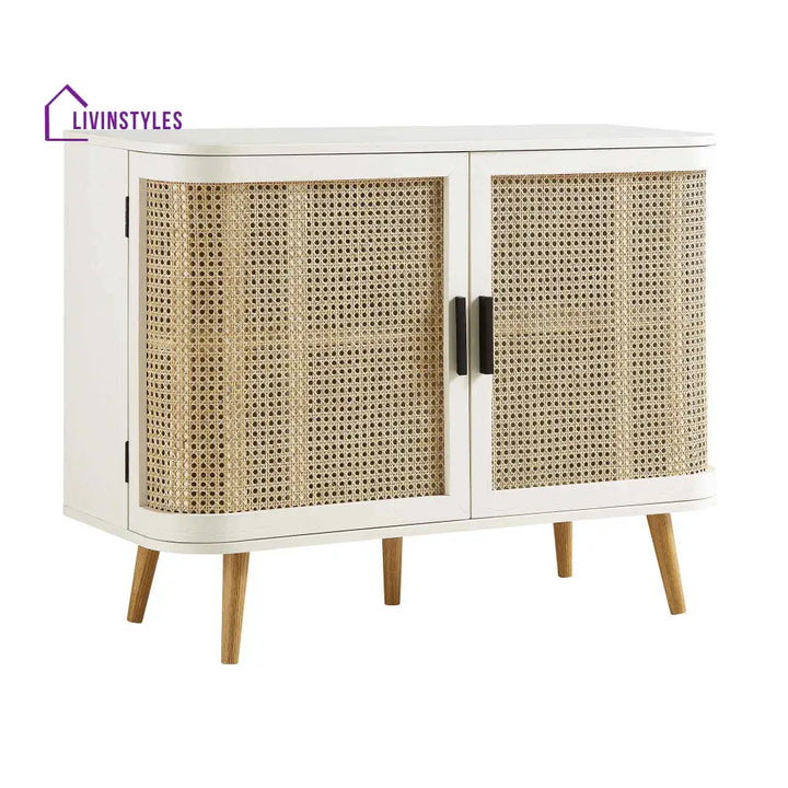 Izzy Curved Rattan 2-Door Small Sideboard White Cabinet & Sideboard