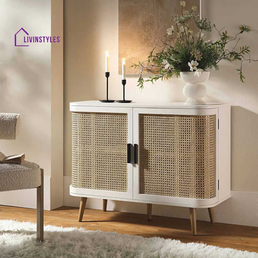 Izzy Curved Rattan 2-Door Small Sideboard White Cabinet & Sideboard