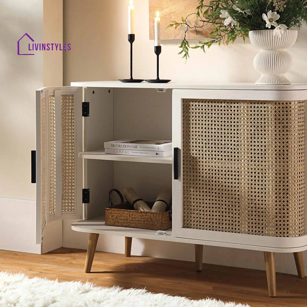 Izzy Curved Rattan 2-Door Small Sideboard White Cabinet & Sideboard