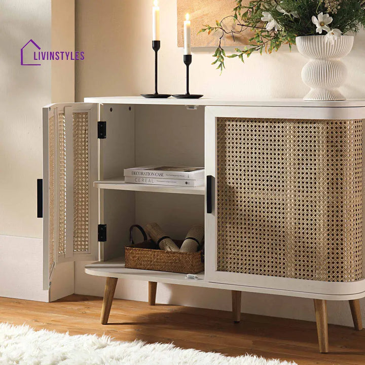 Izzy Curved Rattan 2-Door Small Sideboard White Cabinet & Sideboard