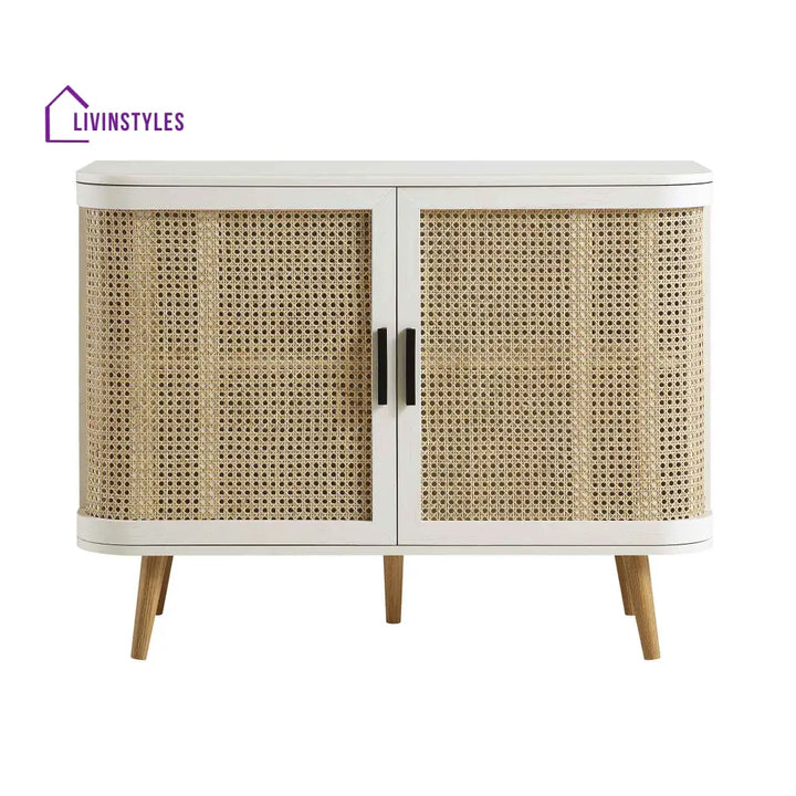 Izzy Curved Rattan 2-Door Small Sideboard White Cabinet & Sideboard