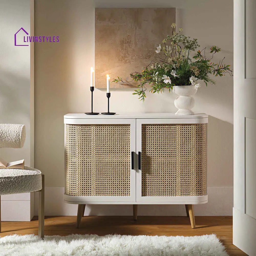 Izzy Curved Rattan 2-Door Small Sideboard White Cabinet & Sideboard