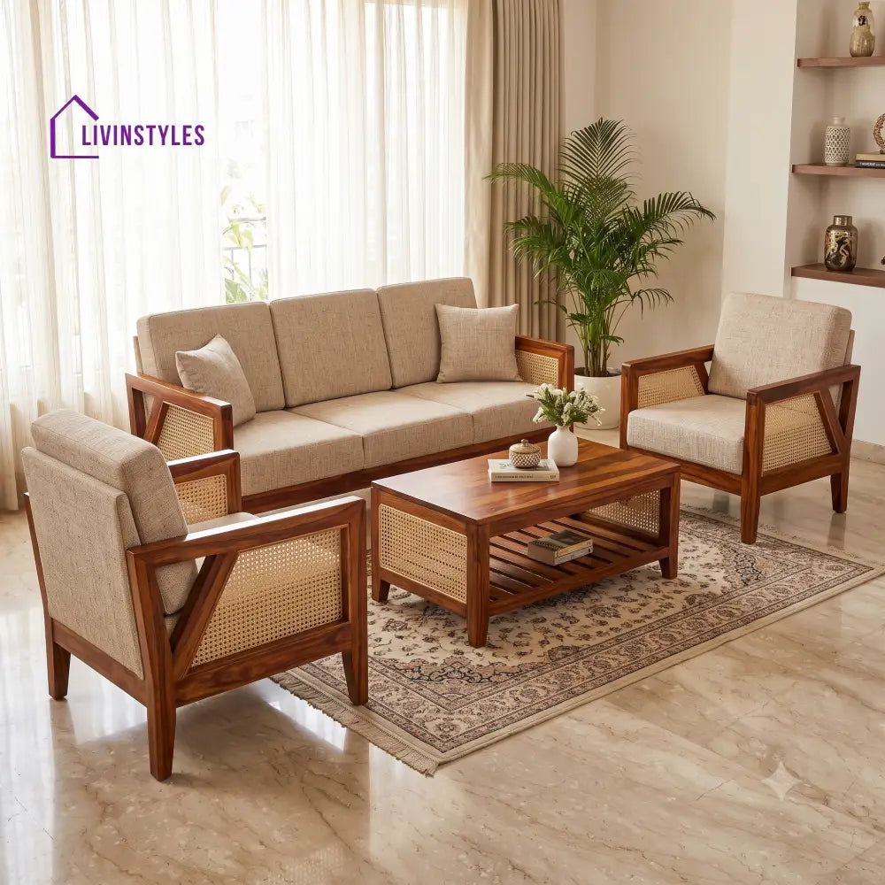 Vasudha Wooden Sofa Set | 3 + 1 + 1 Sheesham Wood Sofa Set for Living Room
