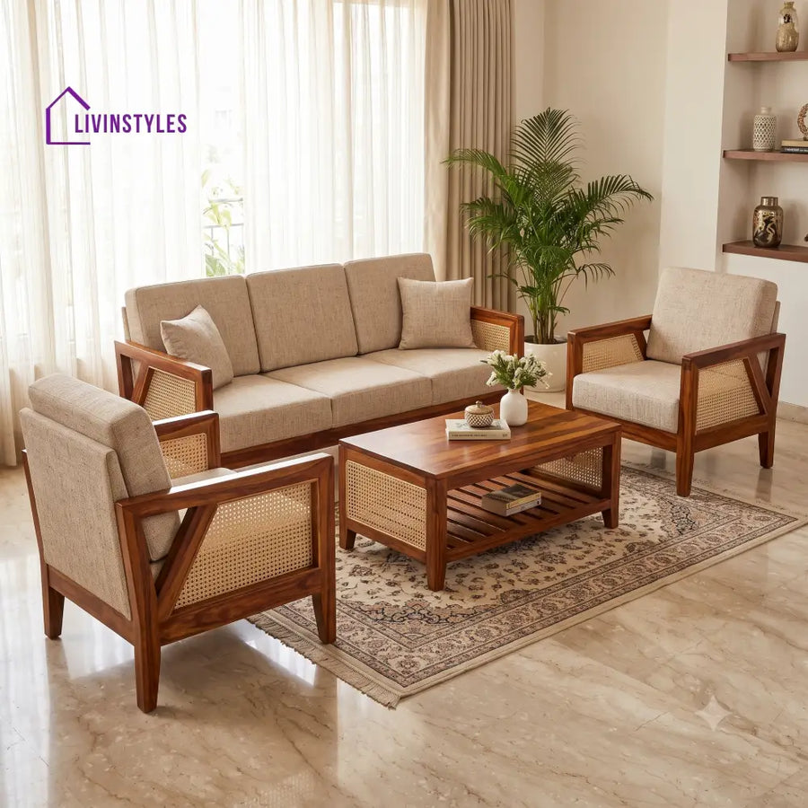 Vasudha Wooden Sofa Set | 3 + 1 + 1 Sheesham Wood Sofa Set for Living Room