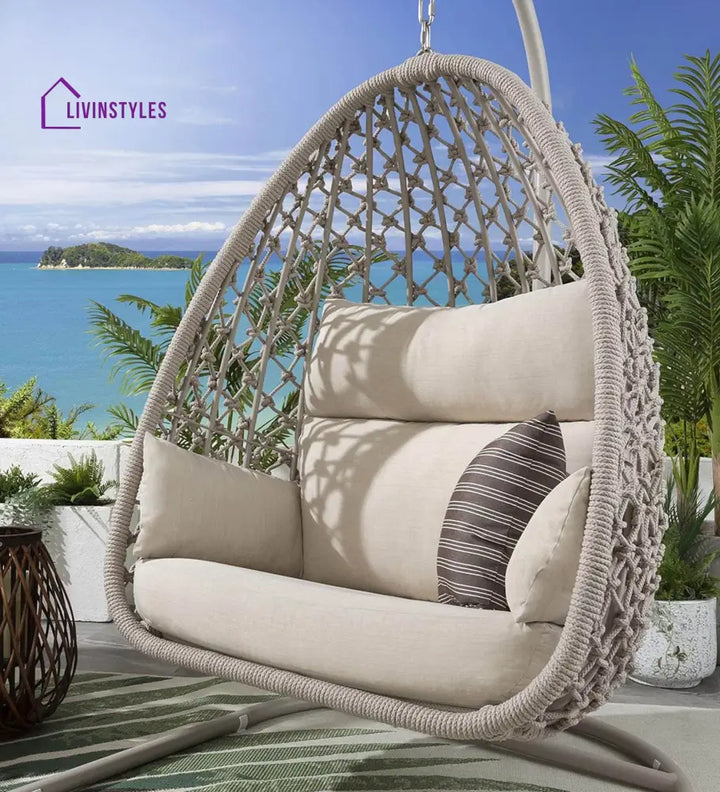 Vea Single Seater Hanging Swing With Stand For Balcony Garden (Natural) Braided & Rope - Swings