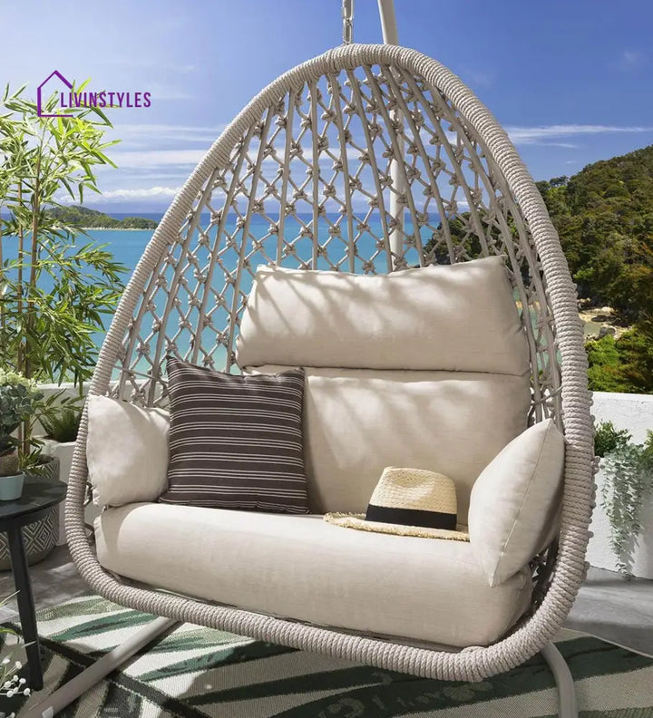 Vea Single Seater Hanging Swing With Stand For Balcony Garden (Natural) Braided & Rope - Swings