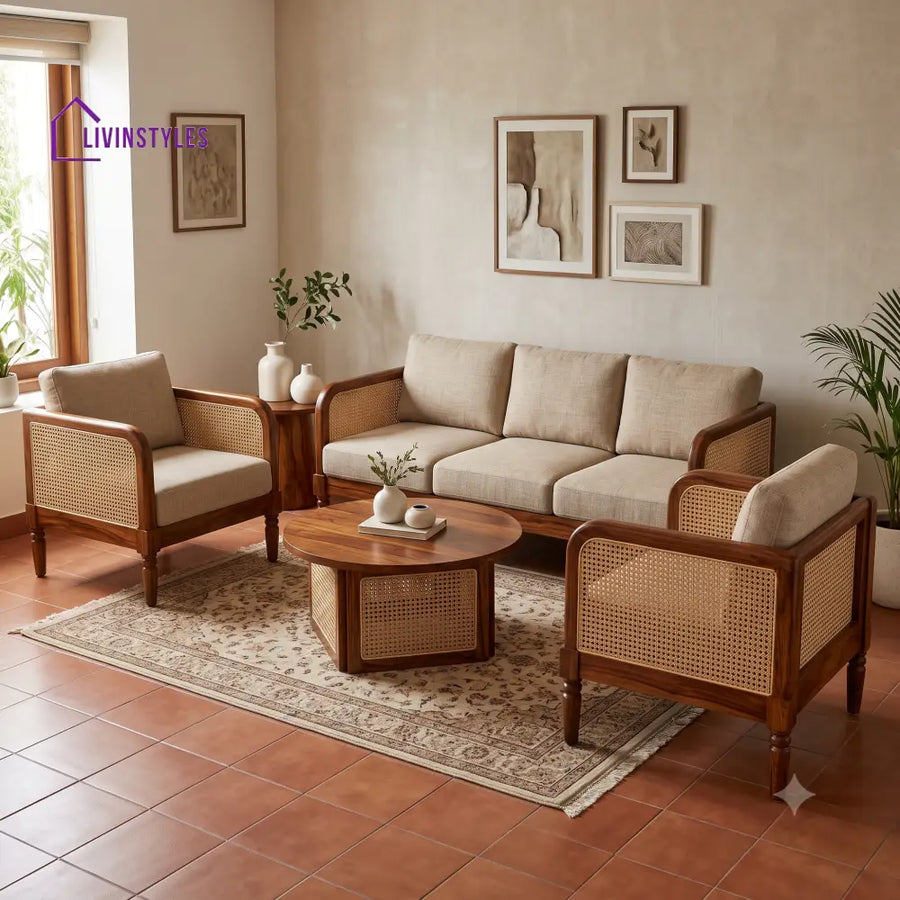 Vedhika Wooden Sofa Set | 3 + 1 + 1 Sheesham Wood Sofa Set for Living Room