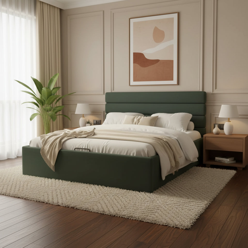 Vega Fabric bed with Upholstered headboard Hydraulic Storage King Size - Green