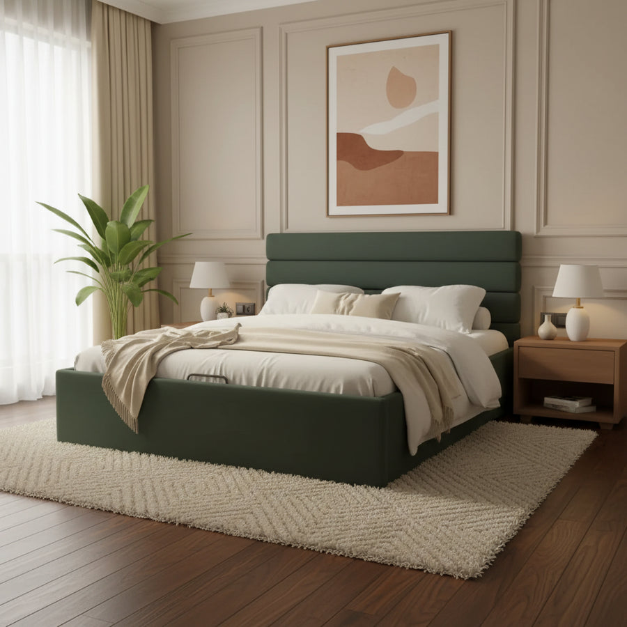 Vega Fabric bed with Upholstered headboard Hydraulic Storage King Size - Green