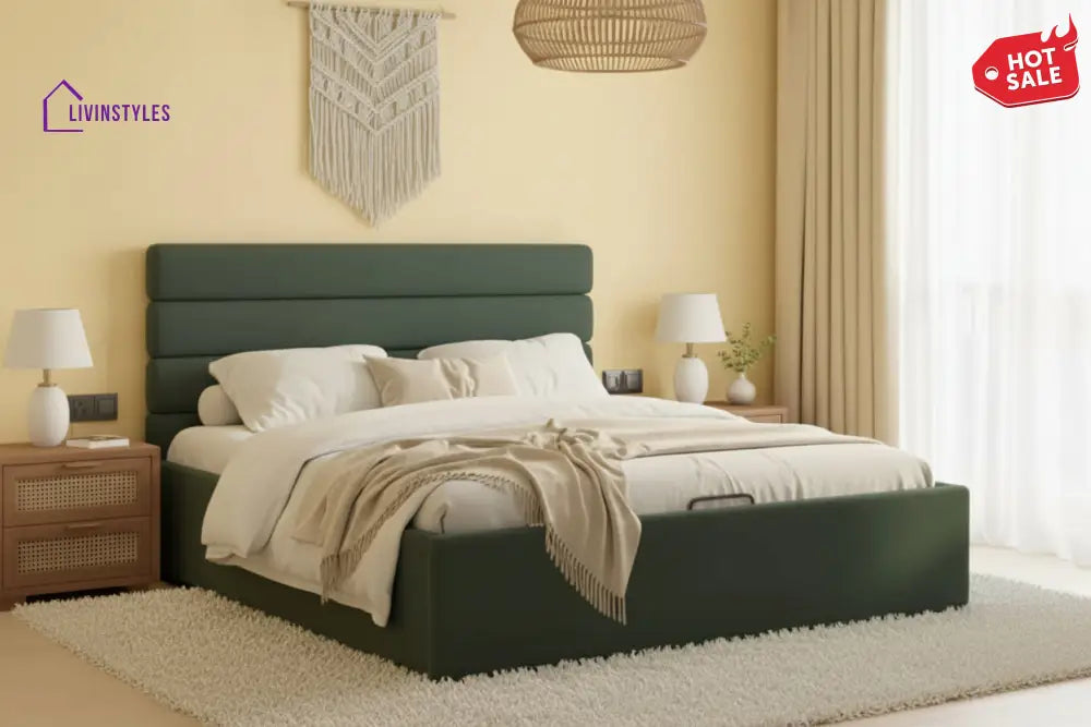 Vega Fabric bed with Upholstered headboard Hydraulic Storage King Size - Green