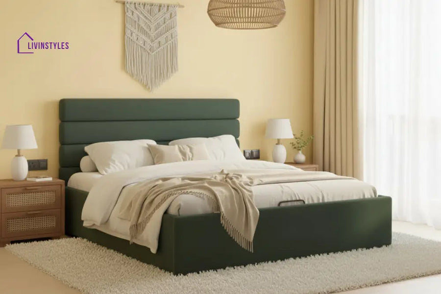 Vega Fabric bed with Upholstered headboard Hydraulic Storage King Size - Green