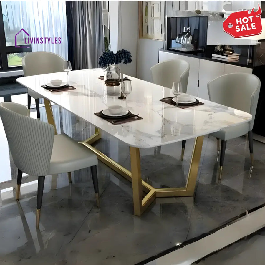 Vegas Marble Top Dining Table With Stainless Steel Base Set