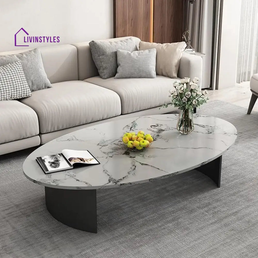 Velora Stainless Steel Coffee Table for Living Room | Oval Shape | Composite Ceramic Marble