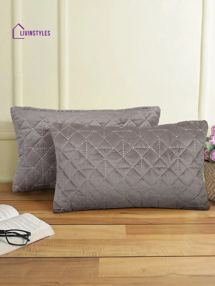 Velvet Grey Color Set Of 2 Quilted Cushion Cover (12X20 Inch)