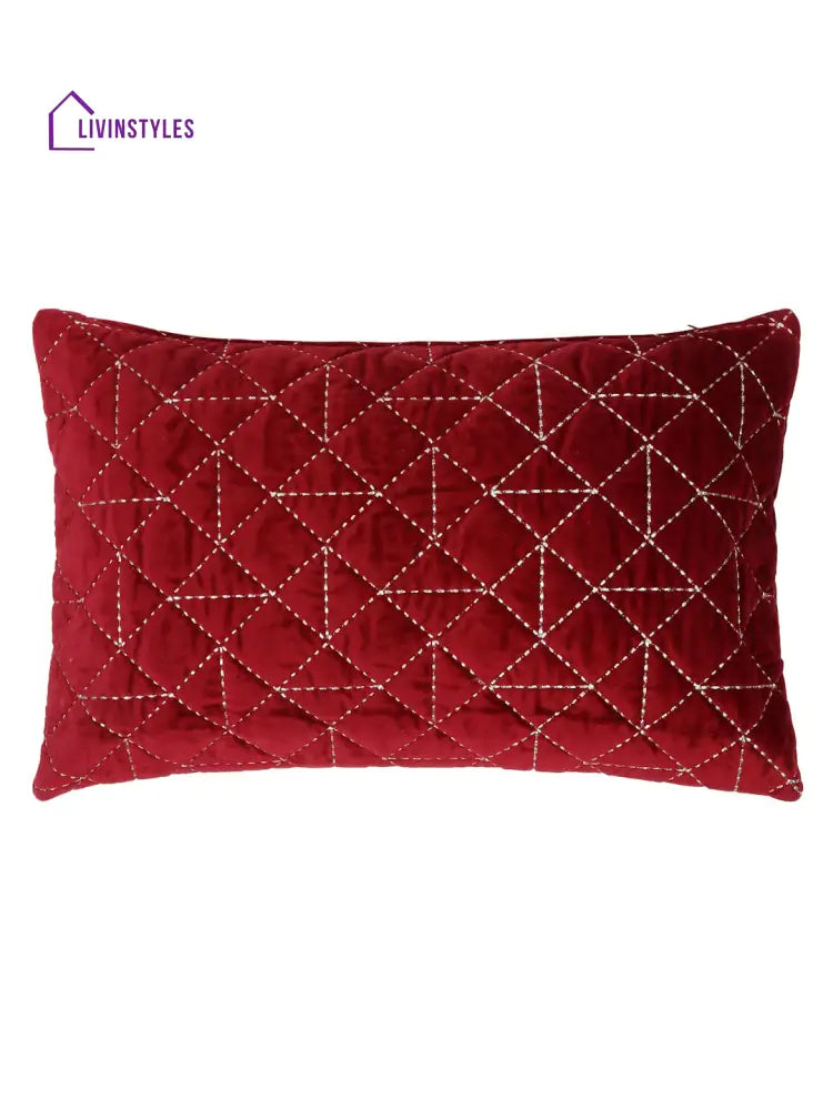 Velvet Maroon Color Set Of 2 Quilted Cushion Cover (12X20 Inch)