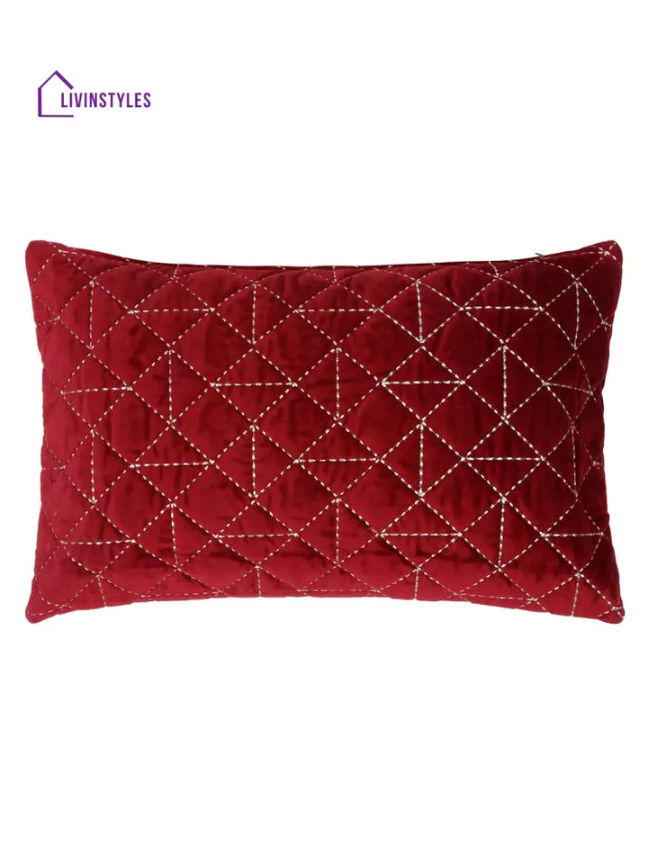 Velvet Maroon Color Set Of 2 Quilted Cushion Cover (12X20 Inch)