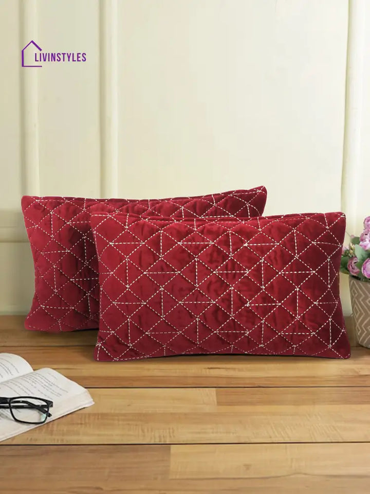 Velvet Maroon Color Set Of 2 Quilted Cushion Cover (12X20 Inch)