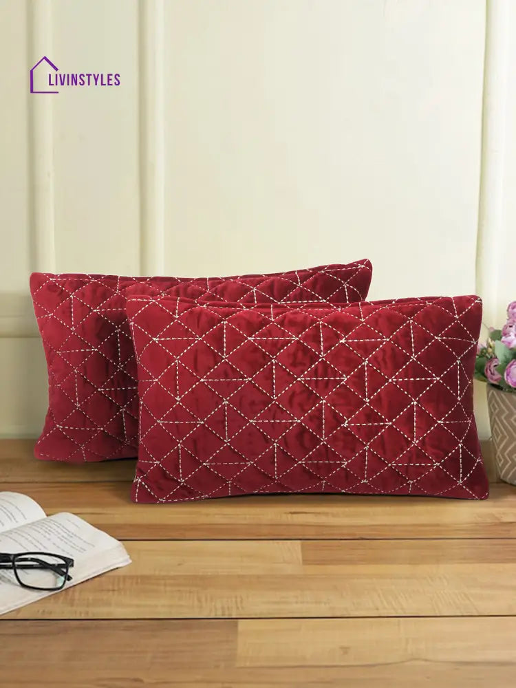 Velvet Maroon Color Set Of 2 Quilted Cushion Cover (12X20 Inch)