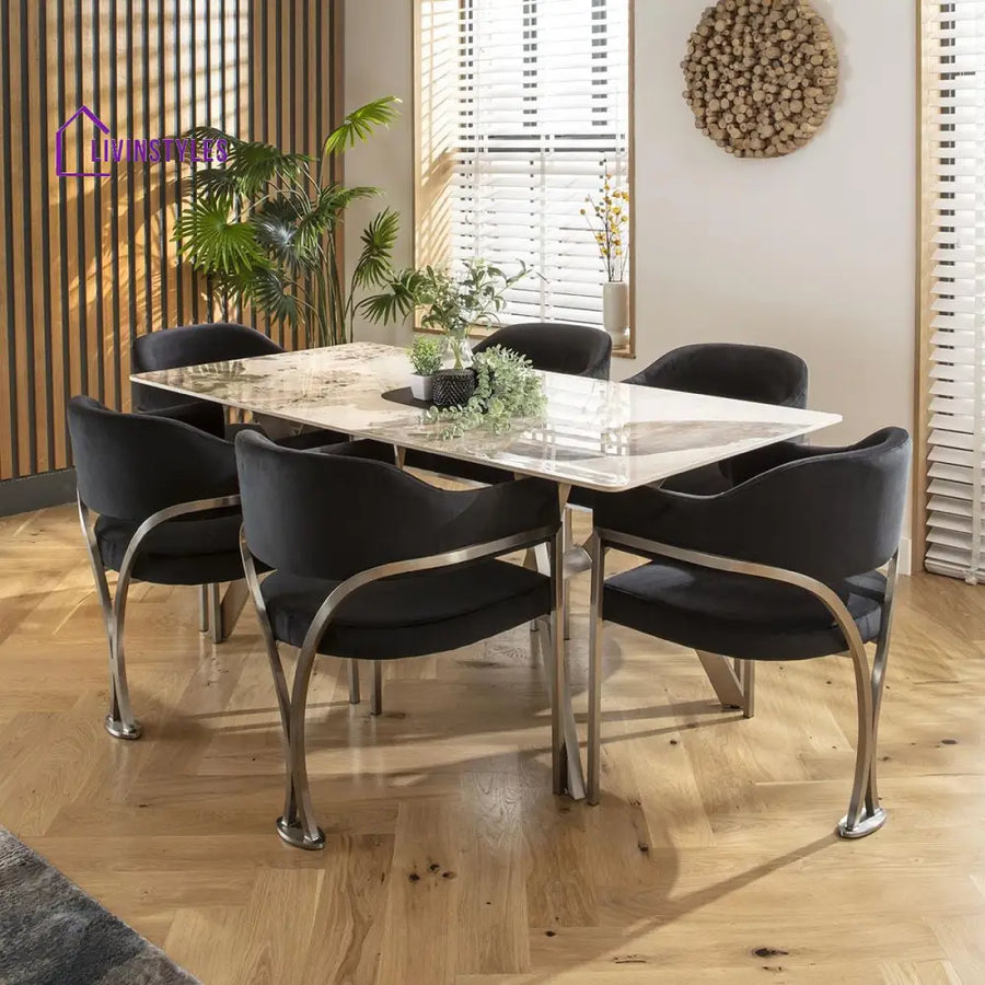 Venera 6 Seater Ceramic Marble Dining Set Black & White