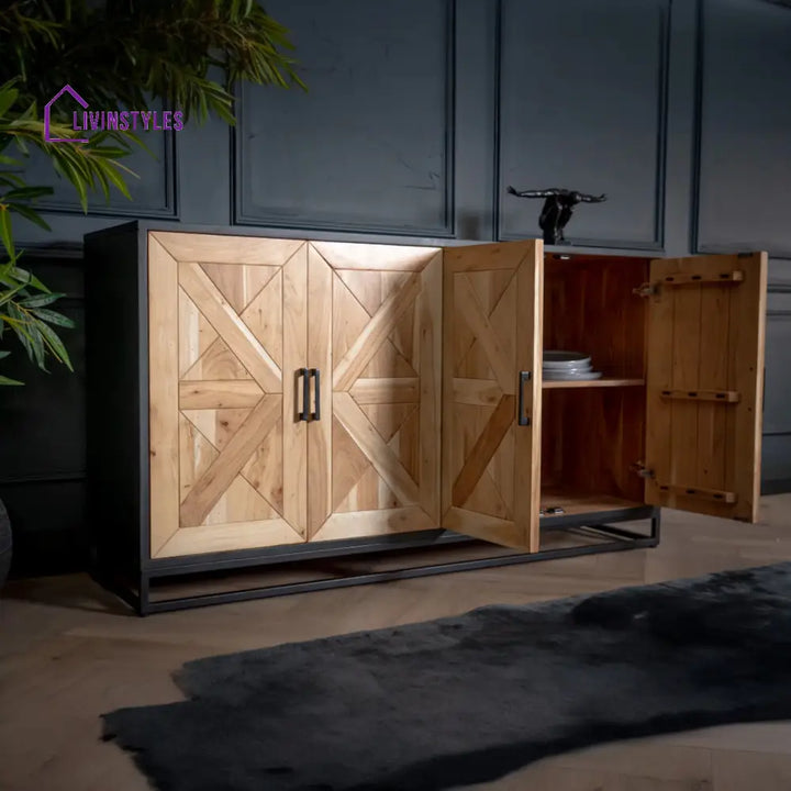 Venice Solid Acacia Wood Sideboard in Light Brown Classic Pattern and Black Frame 160 cm