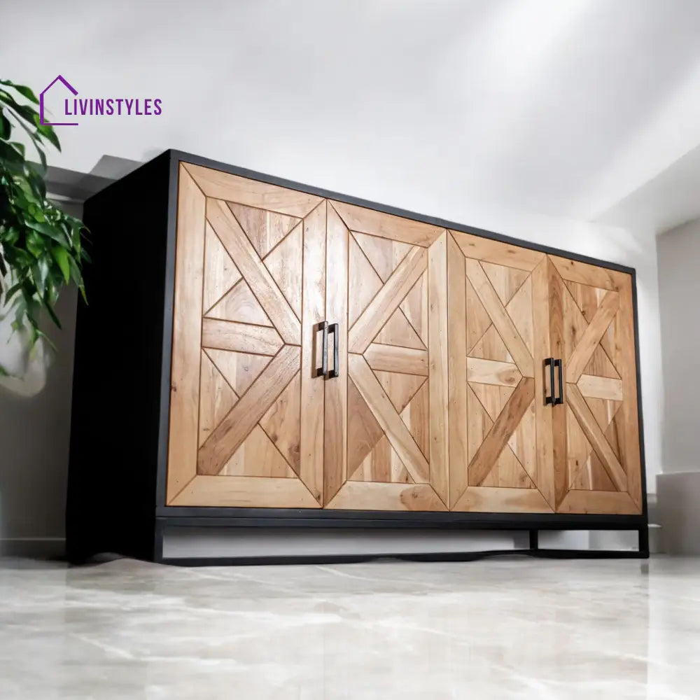 Venice Solid Acacia Wood Sideboard in Light Brown Classic Pattern and Black Frame 160 cm