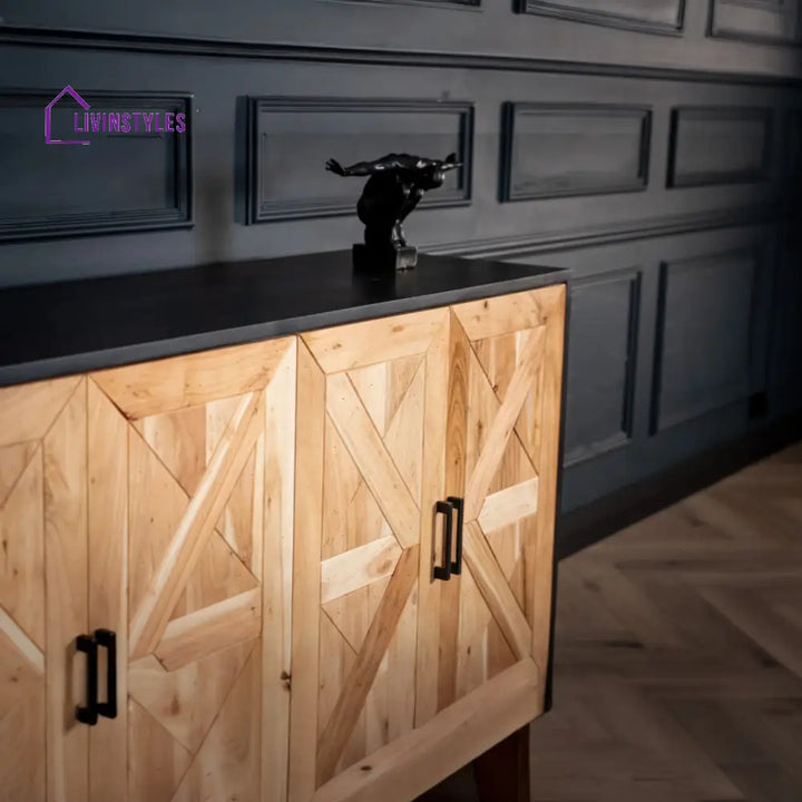 Venice Solid Acacia Wood Sideboard in Light Brown Classic Pattern and Black Frame 160 cm