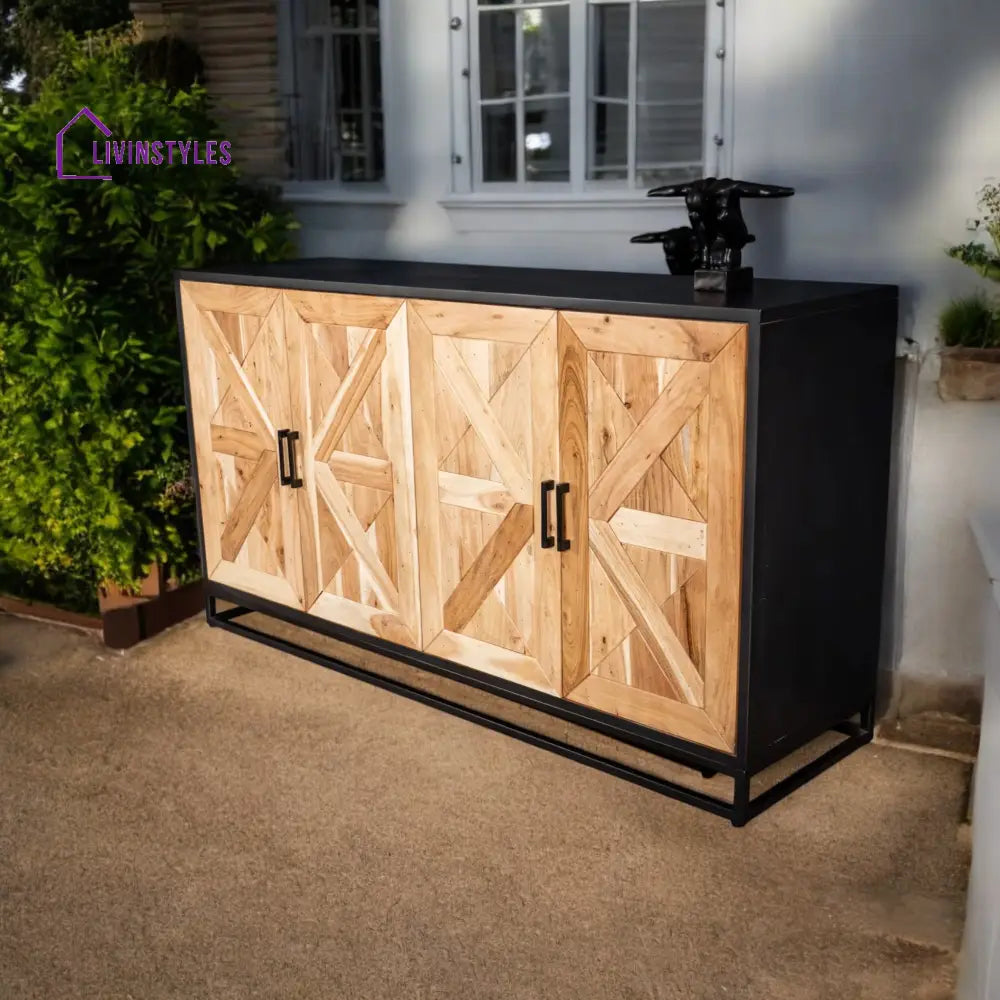 Venice Solid Acacia Wood Sideboard in Light Brown Classic Pattern and Black Frame 160 cm Mango Wood
