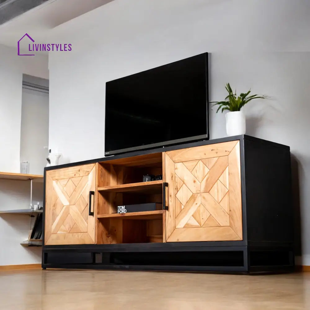 Venice Solid Acacia Wood TV Unit in Light Brown Black Frame with Two Doors and Three Shelves 136 cm