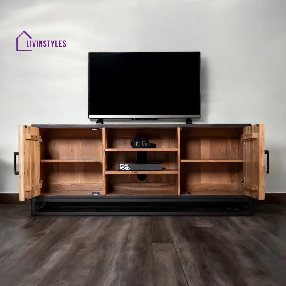 Venice Solid Acacia Wood TV Unit in Light Brown Black Frame with Two Doors and Three Shelves 136 cm