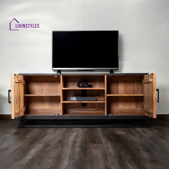 Venice Solid Acacia Wood TV Unit in Light Brown Black Frame with Two Doors and Three Shelves 136 cm