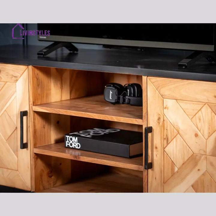 Venice Solid Acacia Wood TV Unit in Light Brown Black Frame with Two Doors and Three Shelves 136 cm