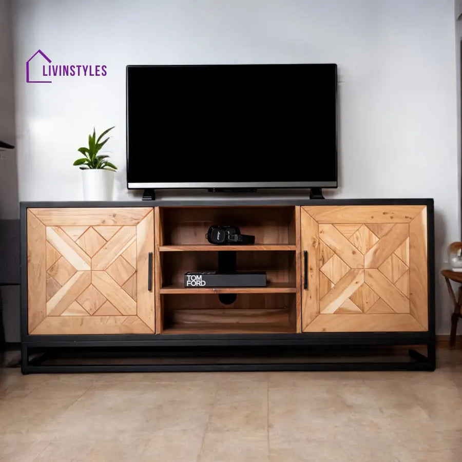 Venice Solid Acacia Wood TV Unit in Light Brown Black Frame with Two Doors and Three Shelves 136 cm Mango Wood