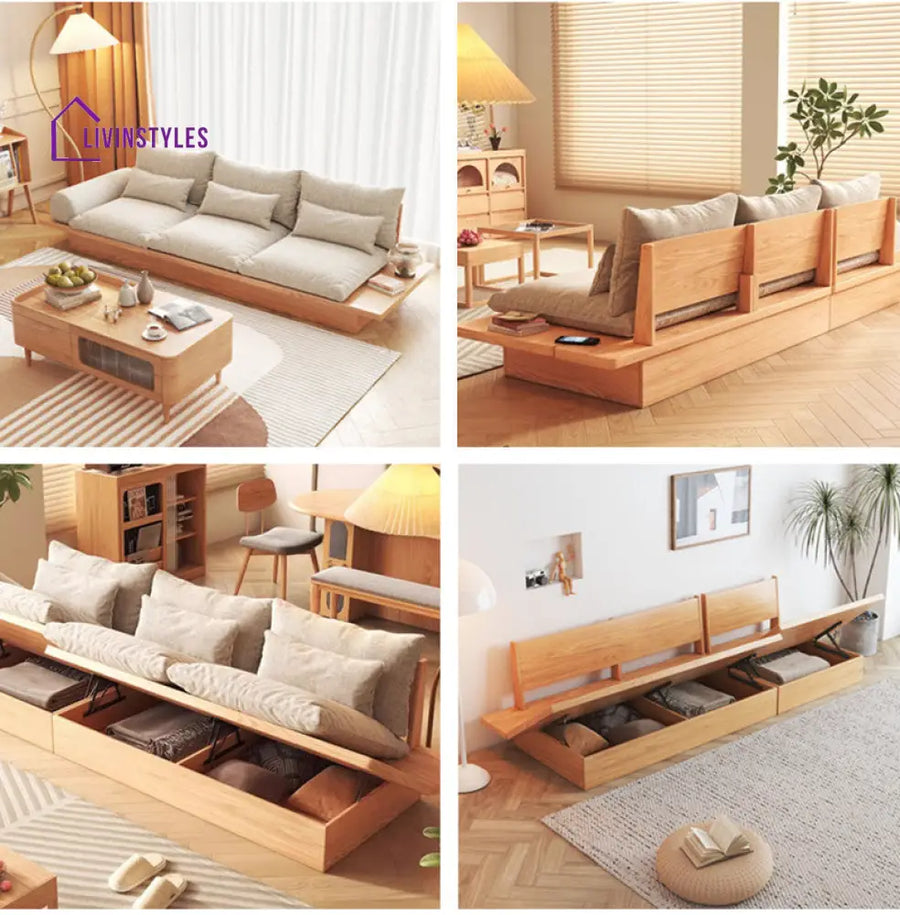 Japandi Solid Wood Sofa with Storage Underneath SOFA