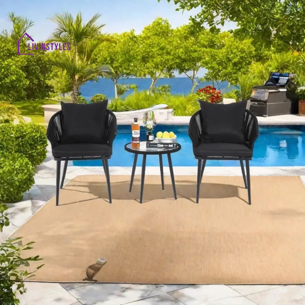 Veras Outdoor Patio Seating Set 2 Chairs and 1 Table Set Braided & Rope - Black - Coffee Table Sets