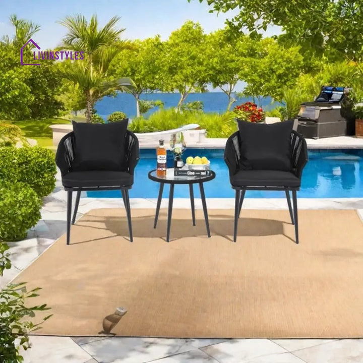 Veras Outdoor Patio Seating Set 2 Chairs and 1 Table Set Braided & Rope - Black - Coffee Table Sets
