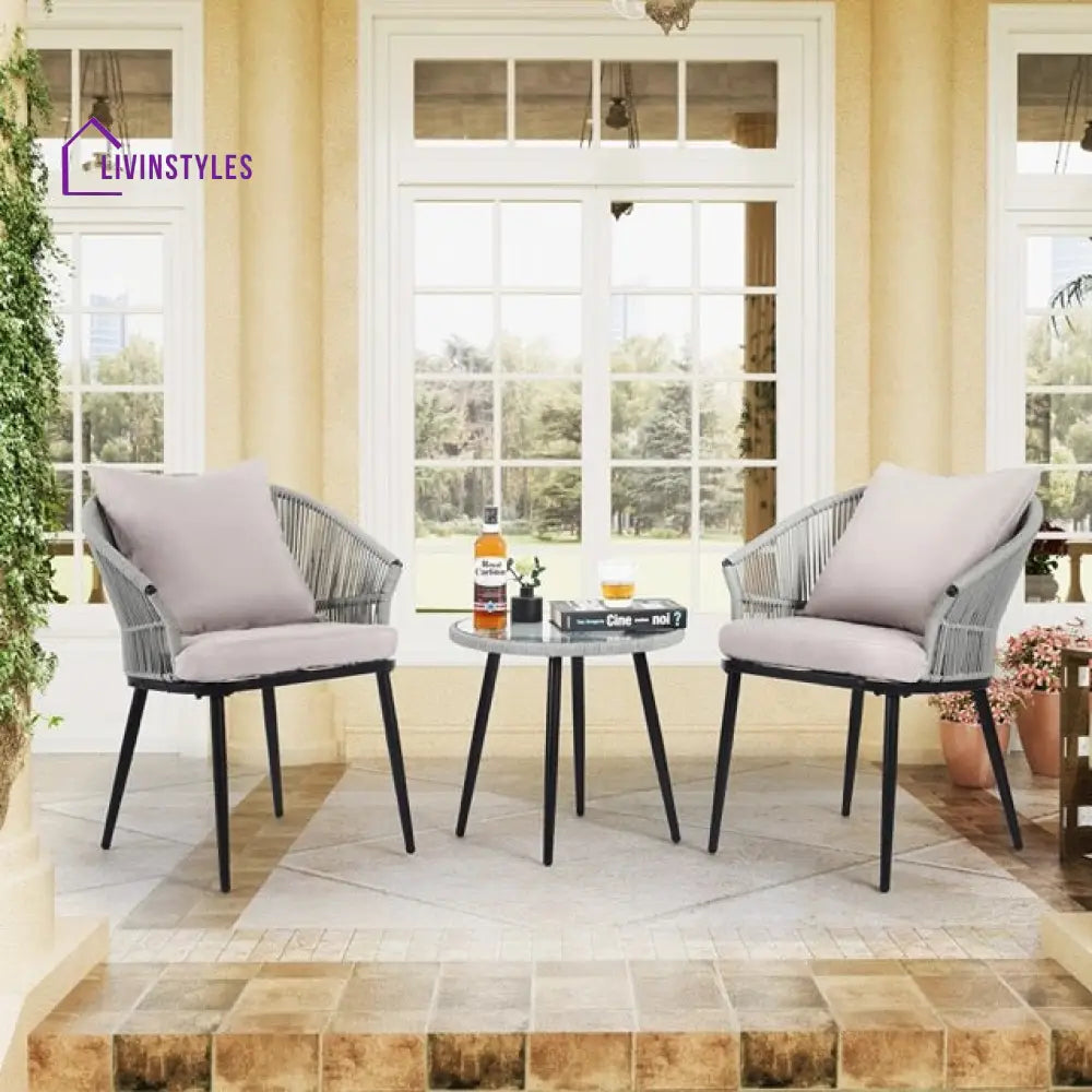 Veras Outdoor Patio Seating Set 2 Chairs and 1 Table Set Braided & Rope - Grey - Coffee Table Sets