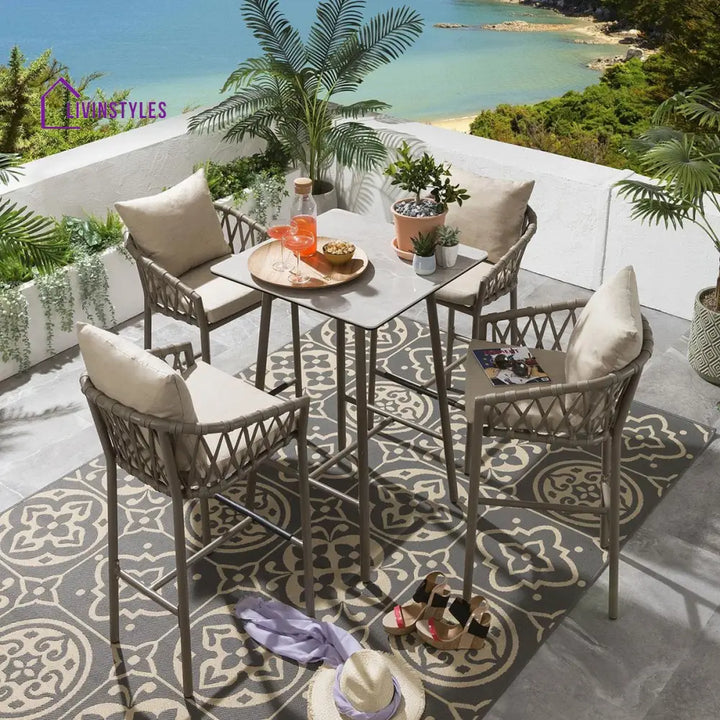 Verónica Outdoor Patio Bar Set 4 Chairs and 1 Table Set Braided & Rope - Beige - Bar Sets