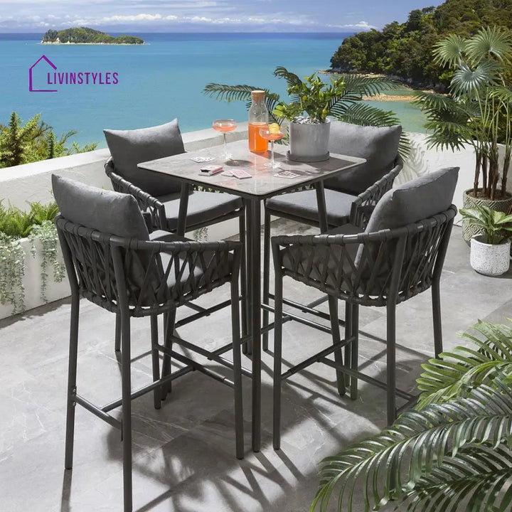 Verónica Outdoor Patio Bar Set 4 Chairs and 1 Table Set Braided & Rope - Grey - Bar Sets