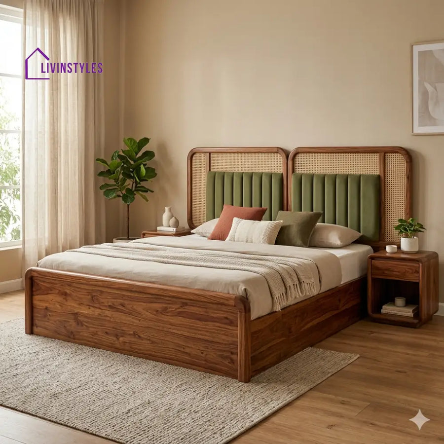 Veronika Premium Sheesham Wood Bed with Velvet Headboard